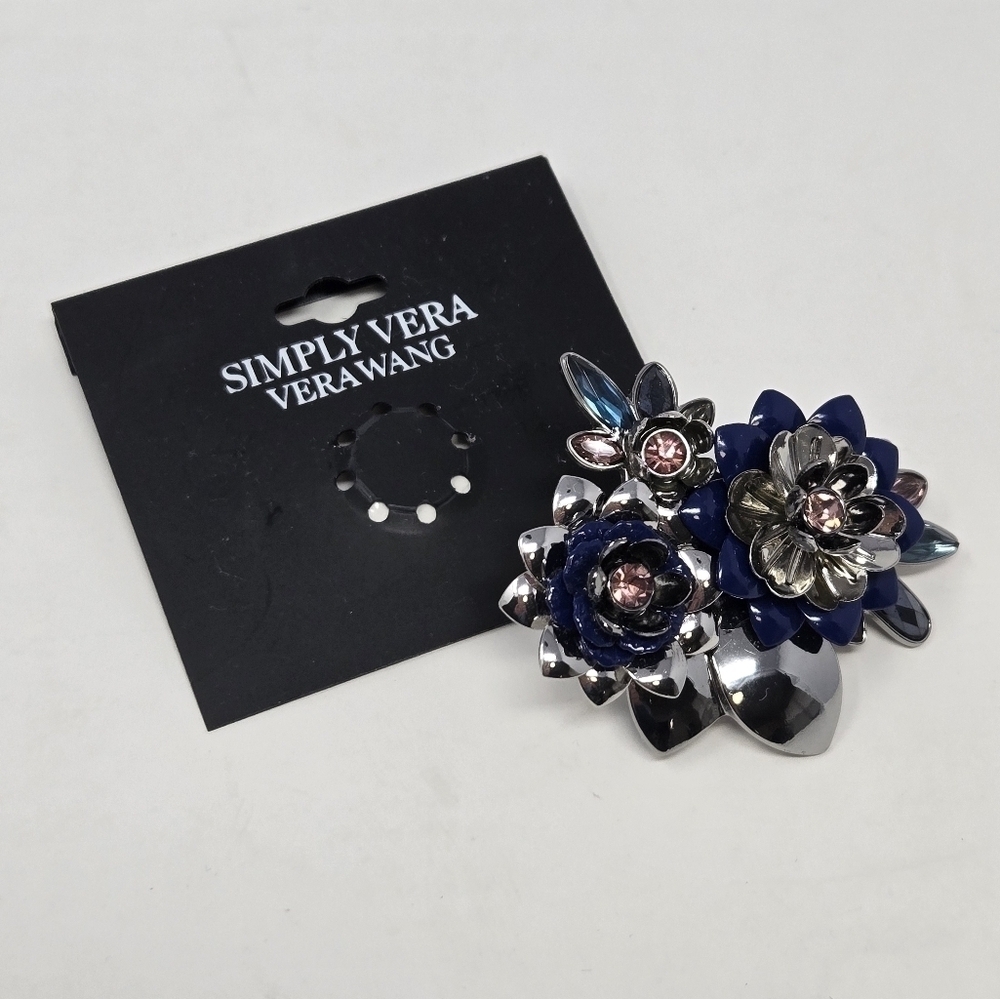 NWT SIMPLY VERA VERA WANG SILVER BLUE PINK FLORAL BROOCH FASHION JEWELRY WOMEN